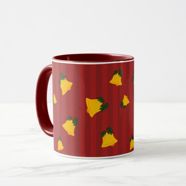 Holiday Red Gold Stripe Bells Christmas Mug (Front Left)