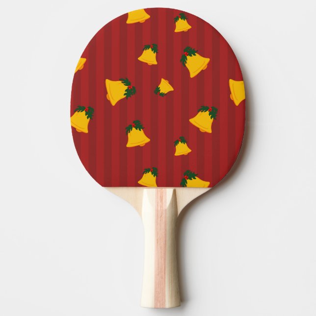 Holiday Red Gold Stripe Bells Christmas Ping Pong Paddle (Front)