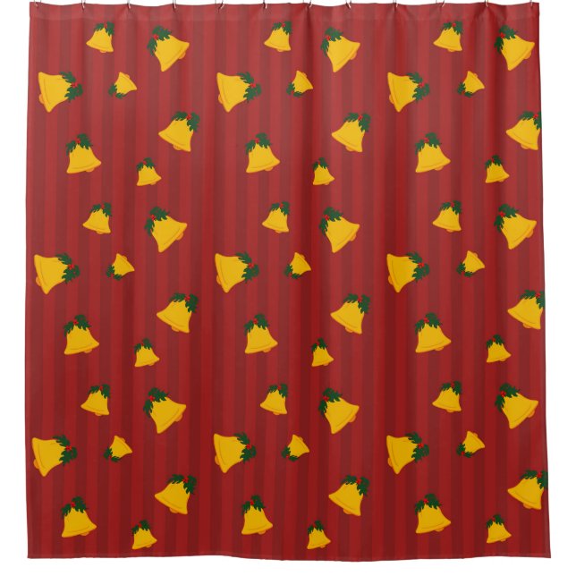 Holiday Red Gold Stripe Bells Christmas Shower Curtain (Front)