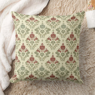 Holiday Red Green Beige Vintage Damask Cushion