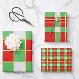 Holiday Red Green & Gold Chequered Pattern Wrapping Paper Sheet