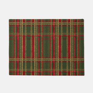 Holiday Red, Green & Gold Glitter Christmas Tartan Doormat