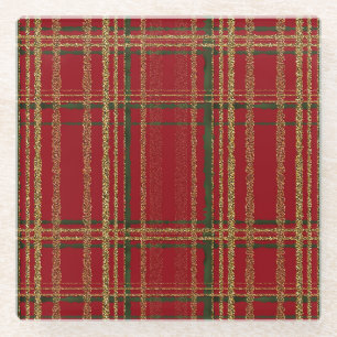 Holiday Red, Green & Gold Glitter Christmas Tartan Glass Coaster