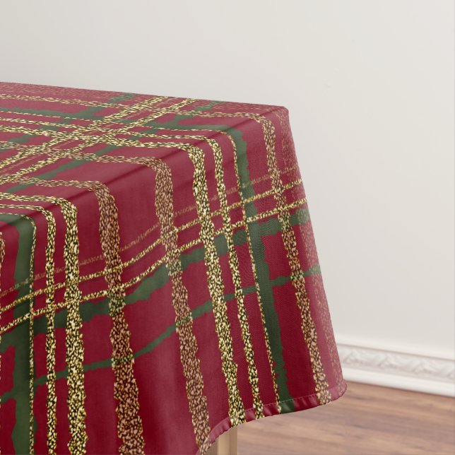 Holiday Red, Green & Gold Glitter Christmas Tartan Tablecloth (In Situ)