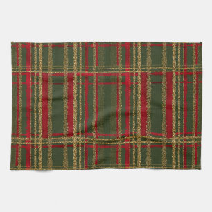 Holiday Red, Green & Gold Glitter Christmas Tartan Tea Towel