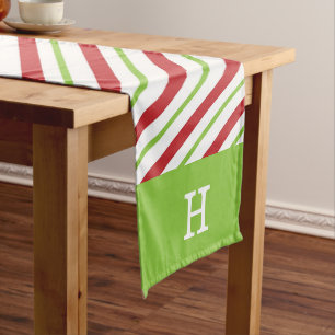 Holiday Red Green Striped Monogram Christmas Short Table Runner