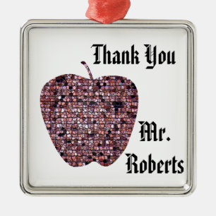 Holiday Red Mosaic Apple Thank You with Name Metal Ornament