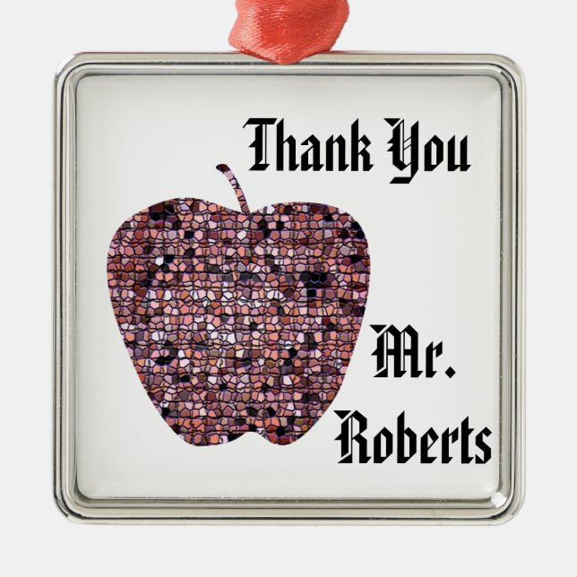 Holiday Red Mosaic Apple Thank You with Name Metal Ornament (Front)