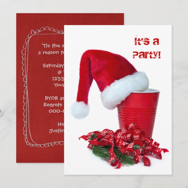 Holiday Red Party Cup and Cap Invitation (Front/Back)