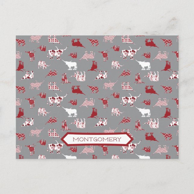 Holiday Red Patterned Longhorns Pattern Postcard (Front)