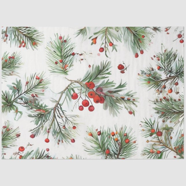 Holiday Red Pine & Berries Design Tissue Paper (Front)