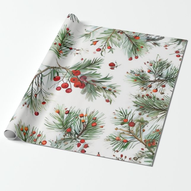 Holiday Red Pine & Berries Design Wrapping Paper (Unrolled)