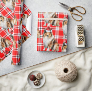 Holiday Red Plaid Collie Santa Dog Christmas Wrapping Paper