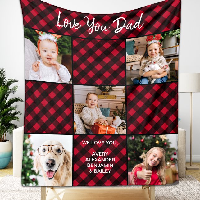 Holiday Red Plaid Personalized 5 Photo Collage Fleece Blanket (Creator Uploaded)