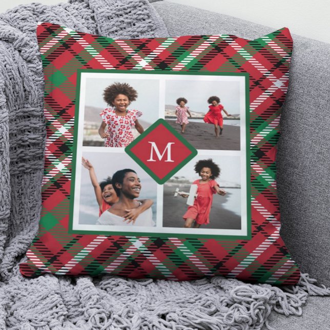 Holiday Red Plaid Photo Collage and Monogram Cushion (Creator Uploaded)