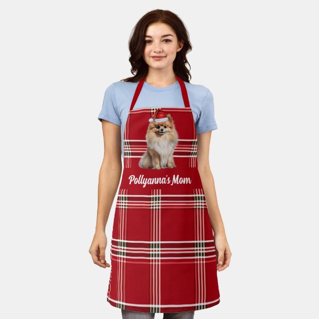 Holiday Red Plaid Pomeranian Santa Dog Christmas Apron (Worn)