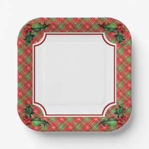 Holiday Red Plaid with Holly Paper Plate