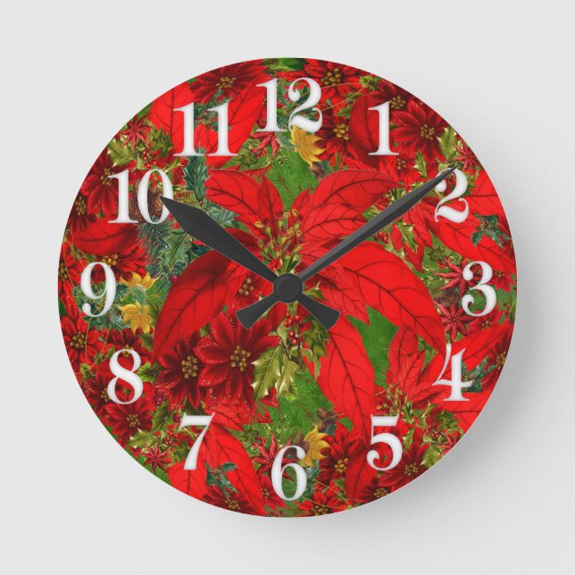 Holiday Red Poinsettia with White Numbers Round Clock (Front)