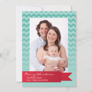 Holiday red ribbon blue chevron zigzag photo card