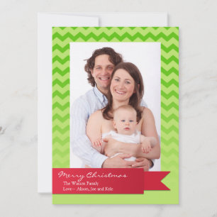 Holiday red ribbon green chevron zigzag photo card