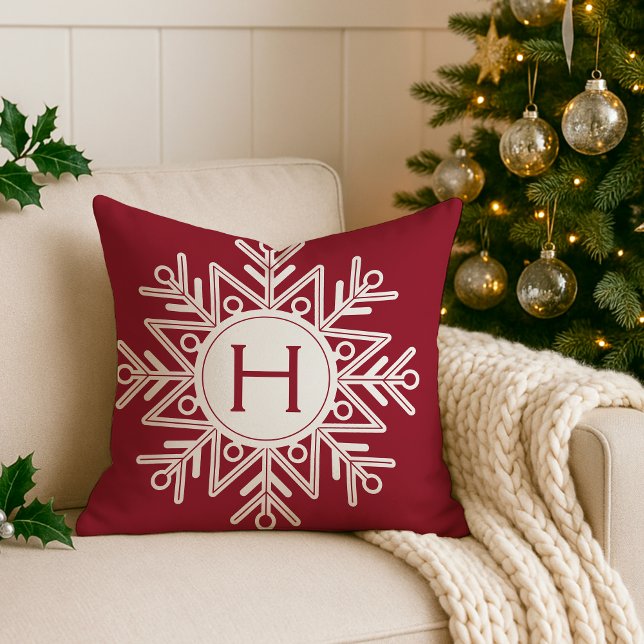 Holiday Red Snowflake Monogram Cushion (Creator Uploaded)