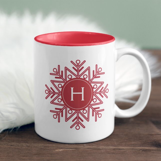 Holiday Red Snowflake Monogram Two-Tone Coffee Mug (Creator Uploaded)