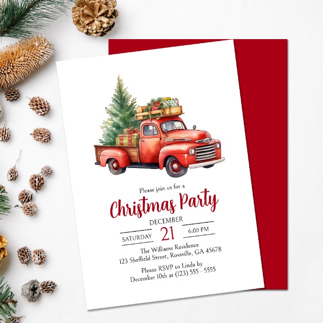 Holiday Red Vintage Truck Christmas Party Invitation (Delight your guests with our thoughtfully crafted red vintage truck Christmas party invitation.)