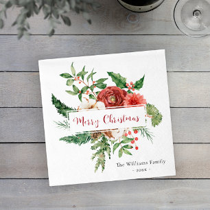 Holiday Red Watercolor Botanical Merry Christmas Napkin