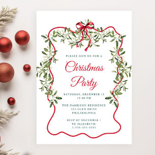 Holiday Red Wavy Frame Greenery Christmas Party Invitation