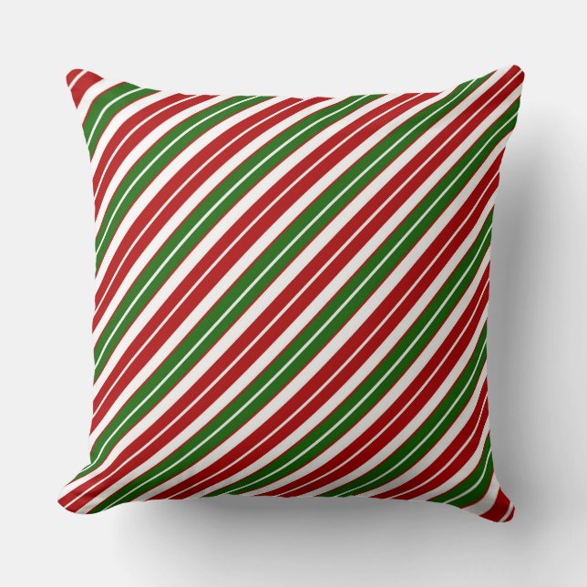 Holiday Red, White and Green Christmas Stripes Cushion (Front)