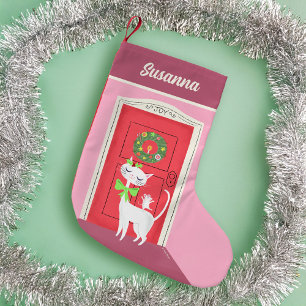 Holiday Retro White Cat and Mouse  Small Christmas Stocking