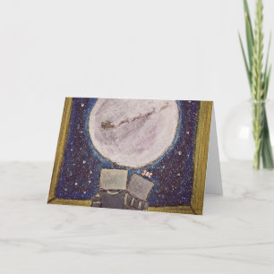 Holiday Robots Watching Santa Fly Over the Moon Card