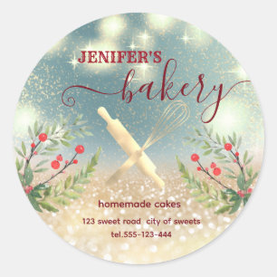Holiday rolling pin & whisk chef script bakery  classic round sticker