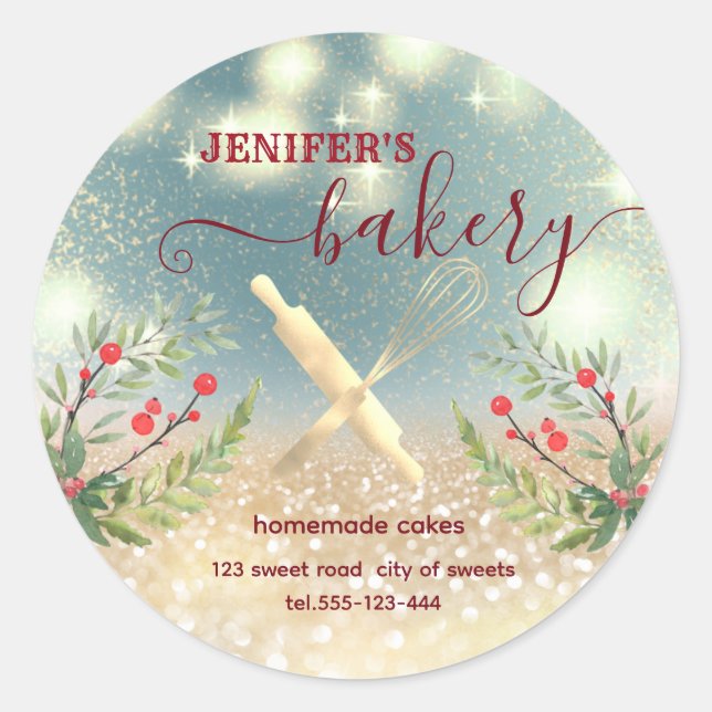 Holiday rolling pin & whisk chef script bakery  classic round sticker (Front)