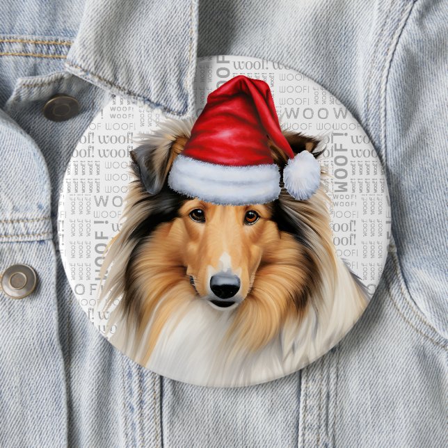 Holiday Rough Collie Dog on Woof Background 6 Cm Round Badge (In Situ)