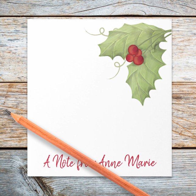 Holiday Rustic Botanical Christmas Custom Notepad (Christmas holiday red holly berries calligraphy script notepad.)