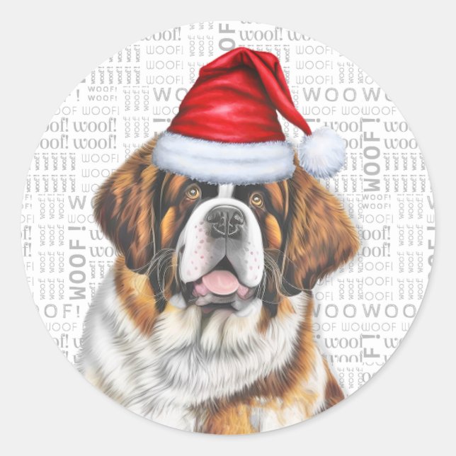 Holiday Saint Bernard Dog and Woof Art Christmas Classic Round Sticker (Front)