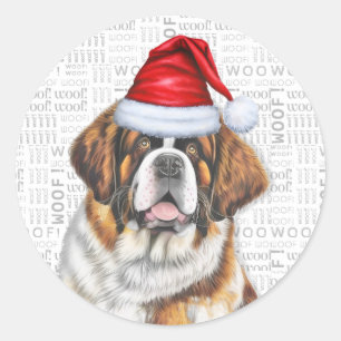 Holiday Saint Bernard Dog and Woof Art Christmas Classic Round Sticker