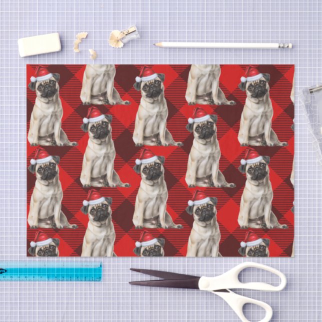 Holiday Santa Pug Dog Red Buffalo Plaid Christmas Tissue Paper (Craft)