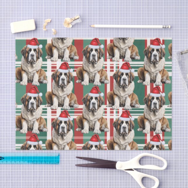 Holiday Santa Saint Bernard Dog Plaid Christmas Tissue Paper (Craft)