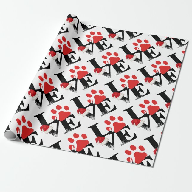 Holiday Santapaws -Paw Print in Christmas LOVE Wrapping Paper (Unrolled)