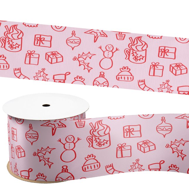 Holiday Scribble Doodle Red and Pink Satin Ribbon (Fun holiday doodle scribble illustration Christmas satin ribbon)