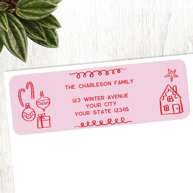 Holiday Scribble Doodle Red Pink Return Address Label (Fun holiday doodle scribble illustration Christmas personalized return address label)