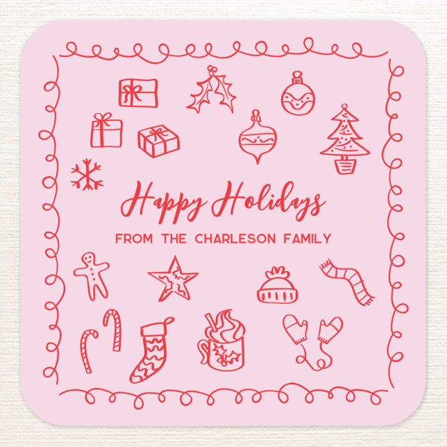 Holiday Scribble Illustration Doodle Pink and Red Square Sticker (Personalized pink and red hand drawn scribble doodle Christmas holiday sticker)