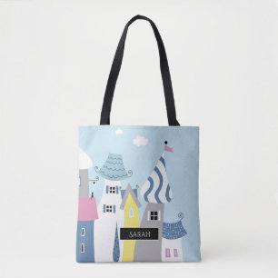 Holiday Seaside Town illustrated Personalised Tote Bag
