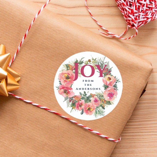 Holiday Season Joy Wreath Botanical Classic Round Sticker (Creator Uploaded)