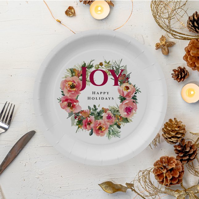 Holiday Season Joy Wreath Botanical Paper Plate (Creator Uploaded)
