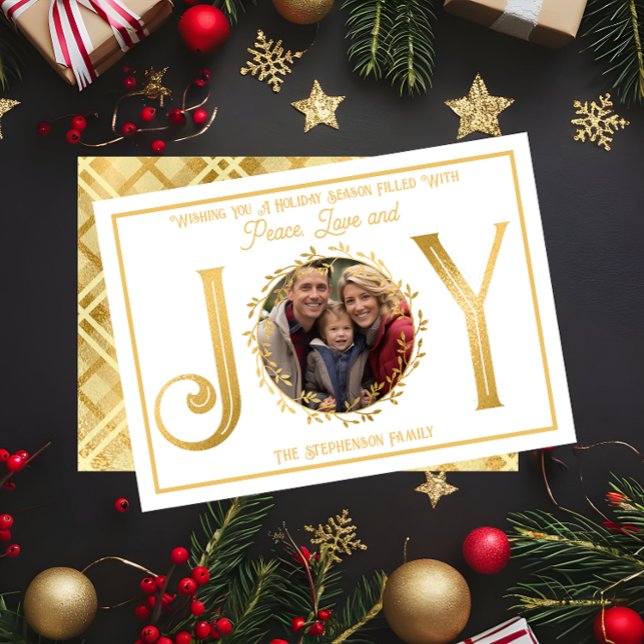 Holiday Season Wishing You Peace Love and Joy ("Wishing You A Season ... Peace Love and Joy" Faux Foil Photo White Christmas Holiday Flat Card )