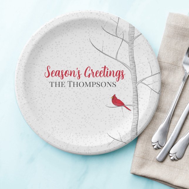 Holiday Season's Greeting Red Cardinal Birch Tree Paper Plate (Season's Greetings custom paper plate with botanical red cardinal.)