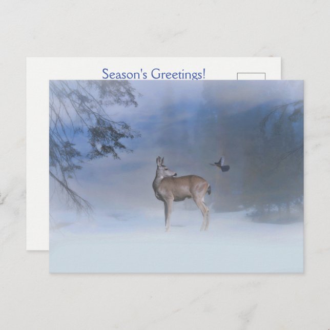 Holiday Seasons Greetings Blue Bird Deer Postcard (Front/Back)